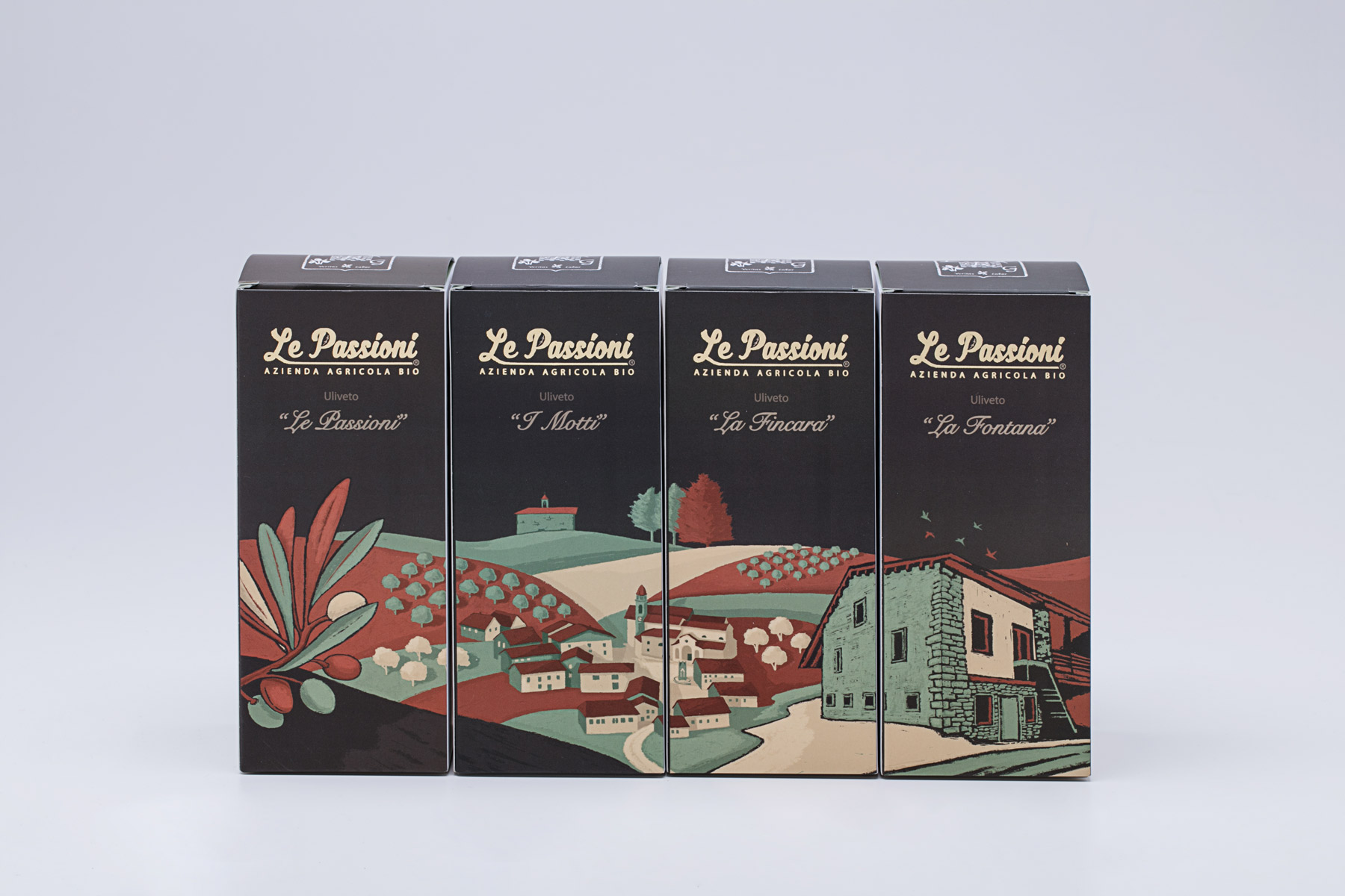 Il packaging realizzato per l'olio Le Passioni con lavorazione oro a caldo.